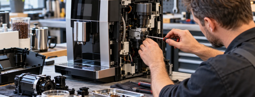 Técnico reparando una cafetera superautomática en un servicio técnico