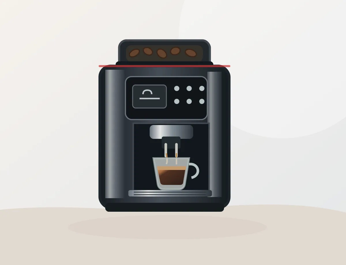 Ilustración de cafetera superautomática con depósito de grano y molinillo integrado